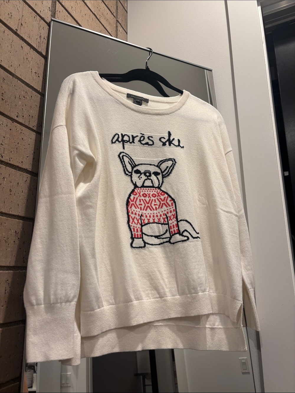 French Connection Apres Ski Frenchie Bulldog Parisian Sweater White Size S